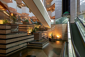 360-degree view of the Emerald Plaza atrium interior in San Diego, California.